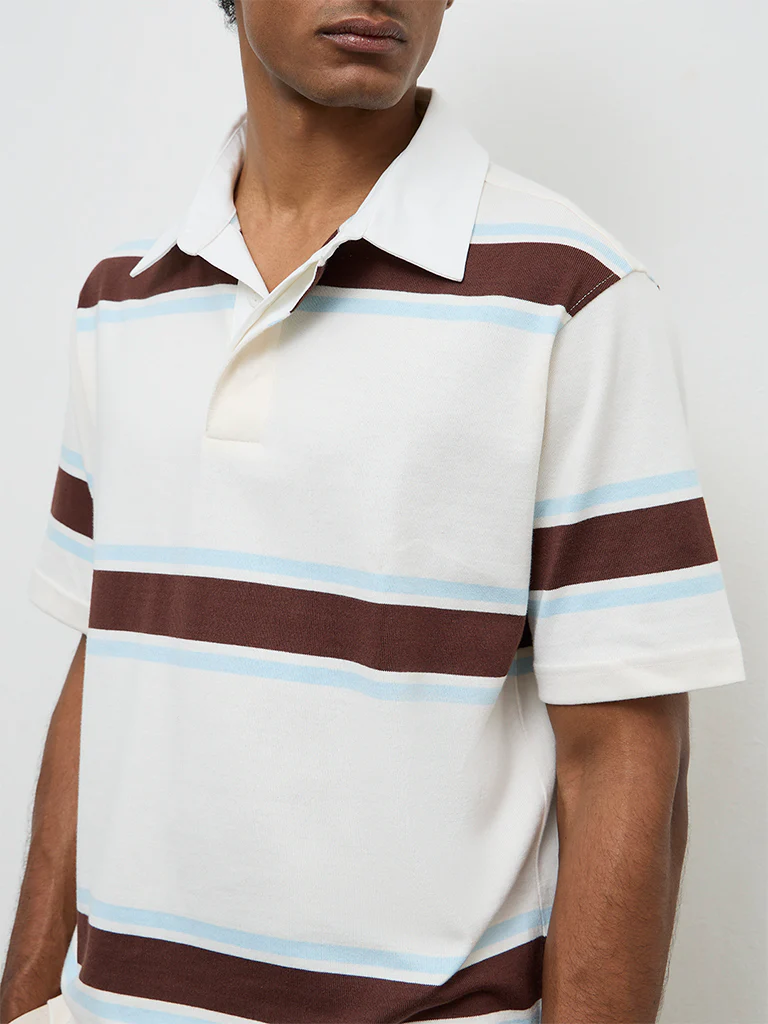 WES Casuals Off-White Relaxed-Fit Cotton Polo T-Shirt - Image 3