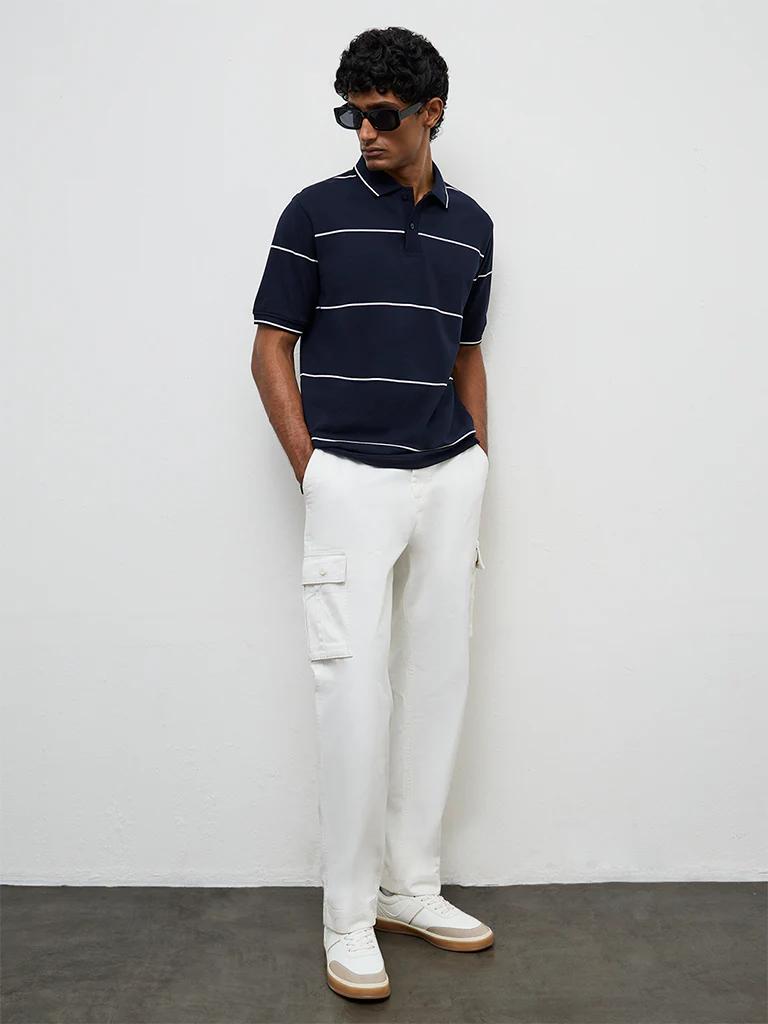 WES Casuals Off-White Relaxed-Fit Mid-Rise Cotton Cargo Pants