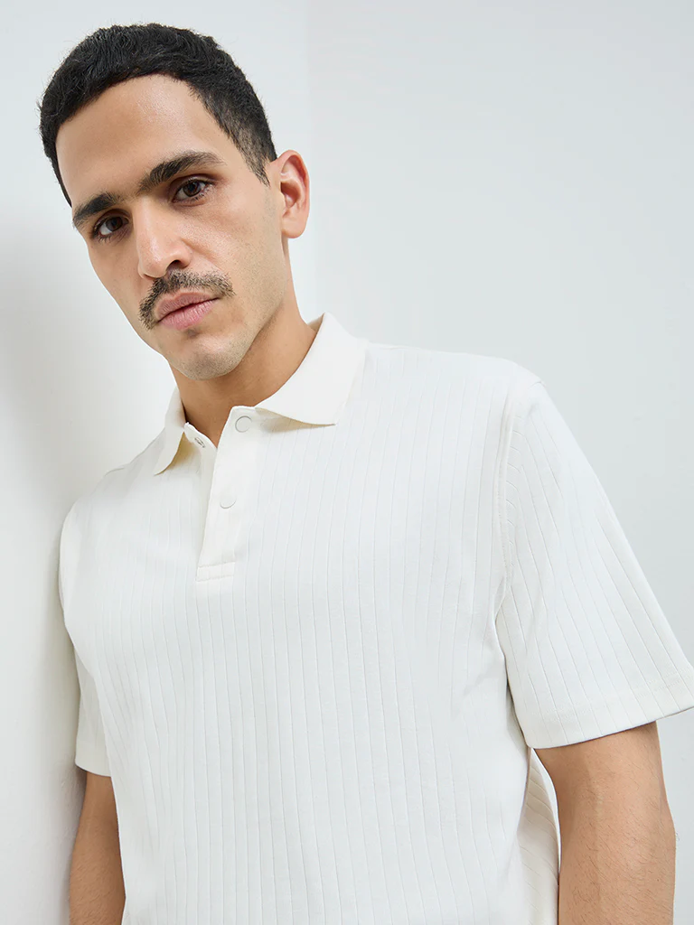 WES Casuals Off-White Self-Striped Slim-Fit Cotton-Blend Polo T-Shirt - Image 4
