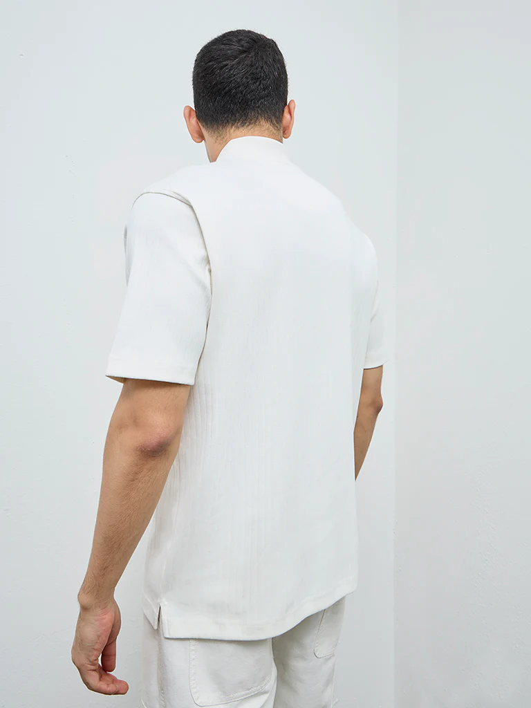 WES Casuals Off-White Self-Striped Slim-Fit Cotton-Blend Polo T-Shirt - Image 5