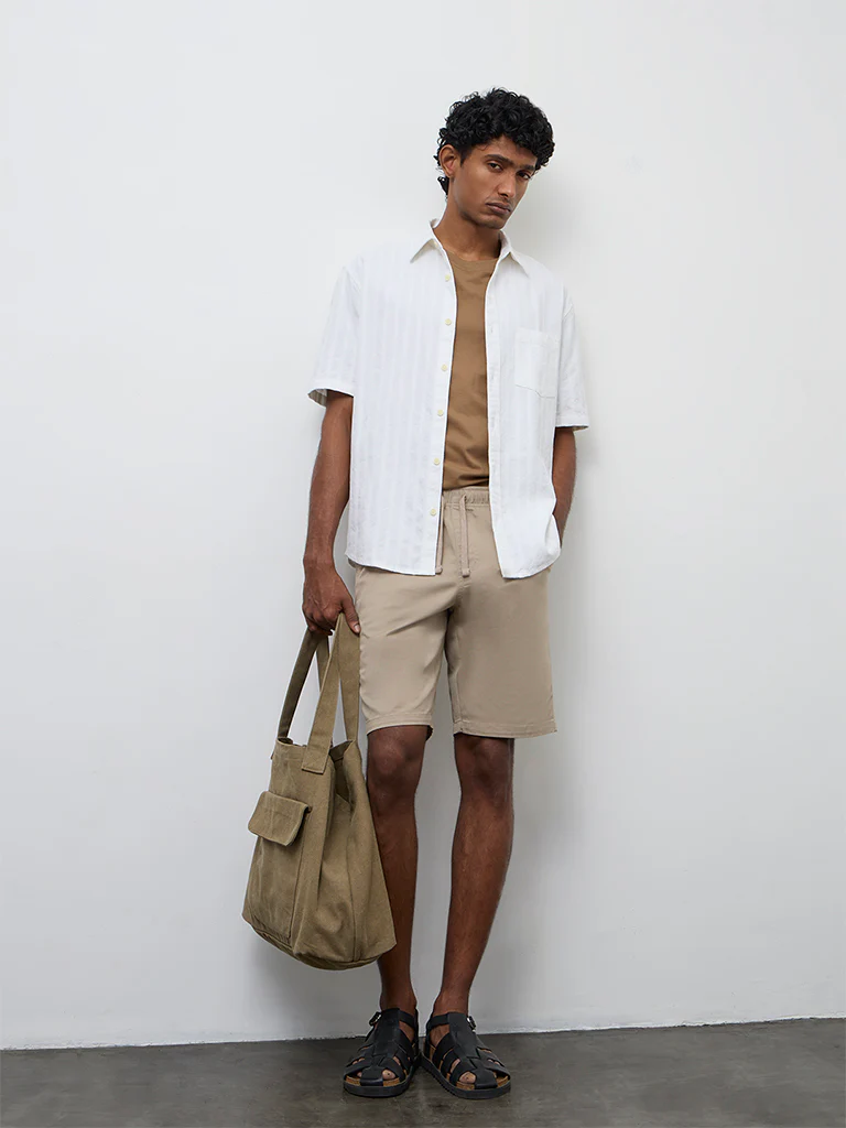 WES Casuals Off-White Stripe Textured Relaxed-Fit Cotton Shirt - Image 3