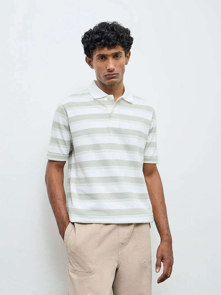 WES Casuals Off-White Striped Relaxed Fit Cotton-Blend Polo T-Shirt - Image 3