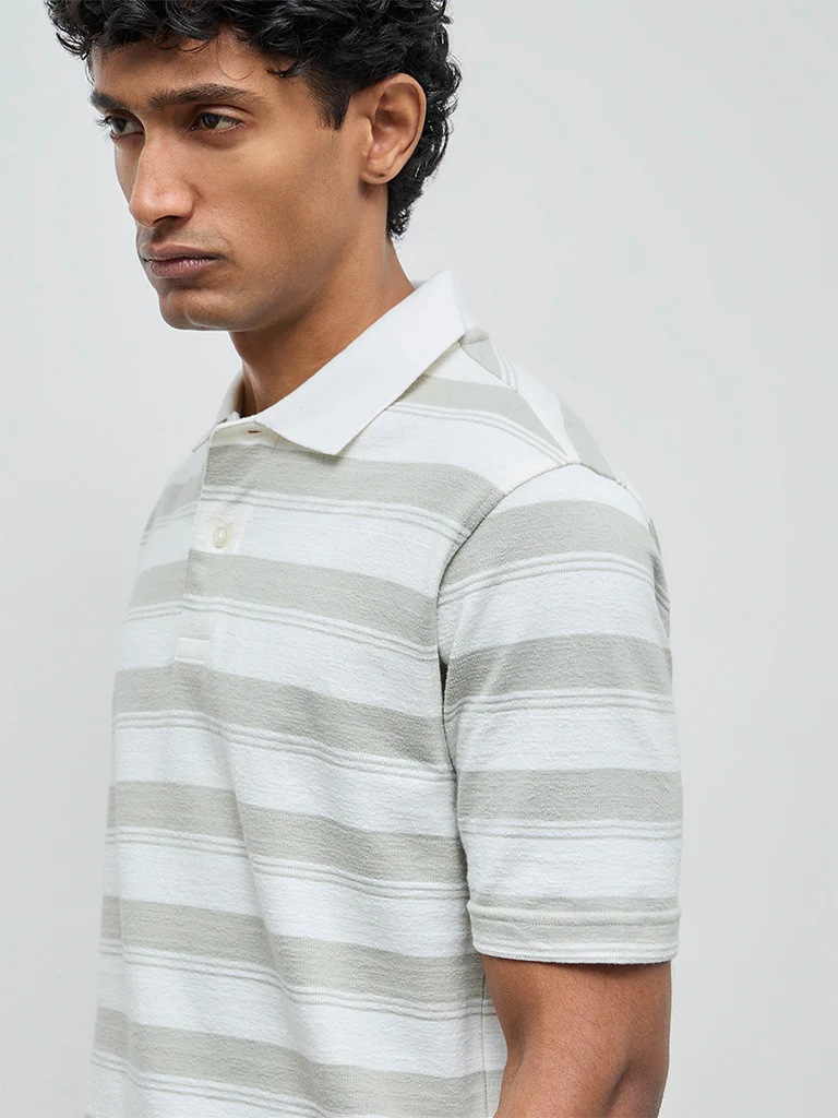WES Casuals Off-White Striped Relaxed Fit Cotton-Blend Polo T-Shirt - Image 4
