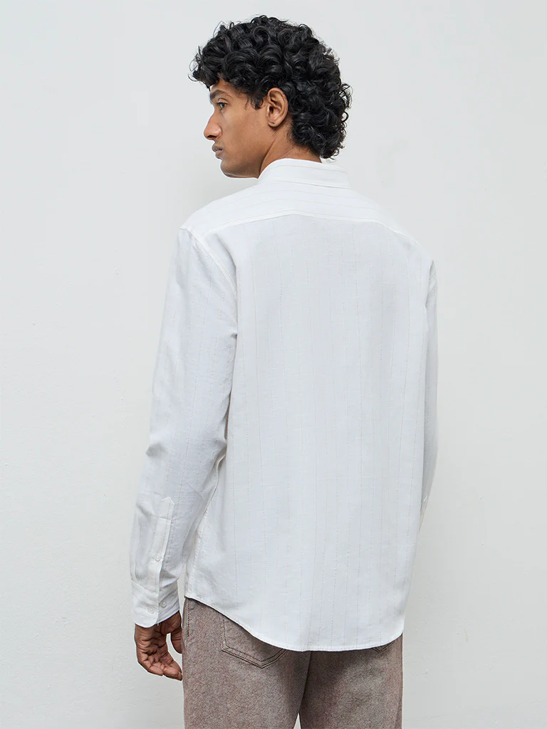 WES Casuals Off-White Striped Relaxed-Fit Cotton-Blend Shirt - Image 4