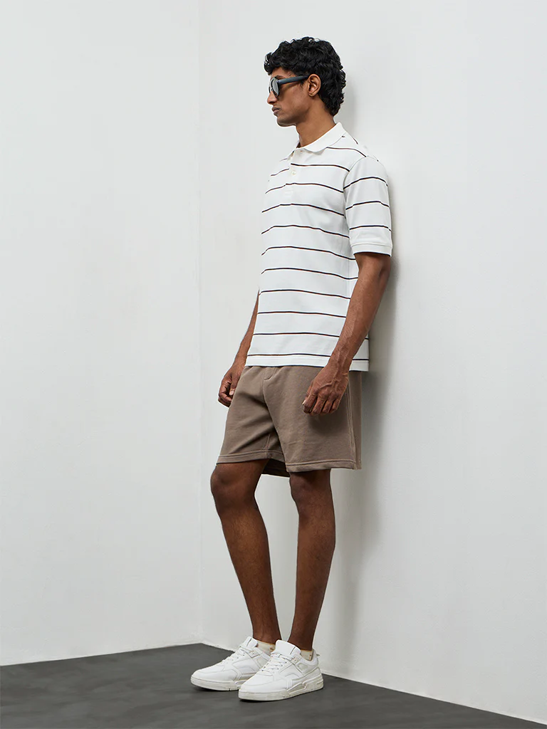 WES Casuals Off-White Striped Relaxed-Fit Cotton Polo T-Shirt - Image 3
