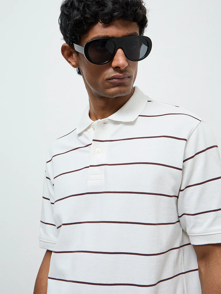 WES Casuals Off-White Striped Relaxed-Fit Cotton Polo T-Shirt - Image 4