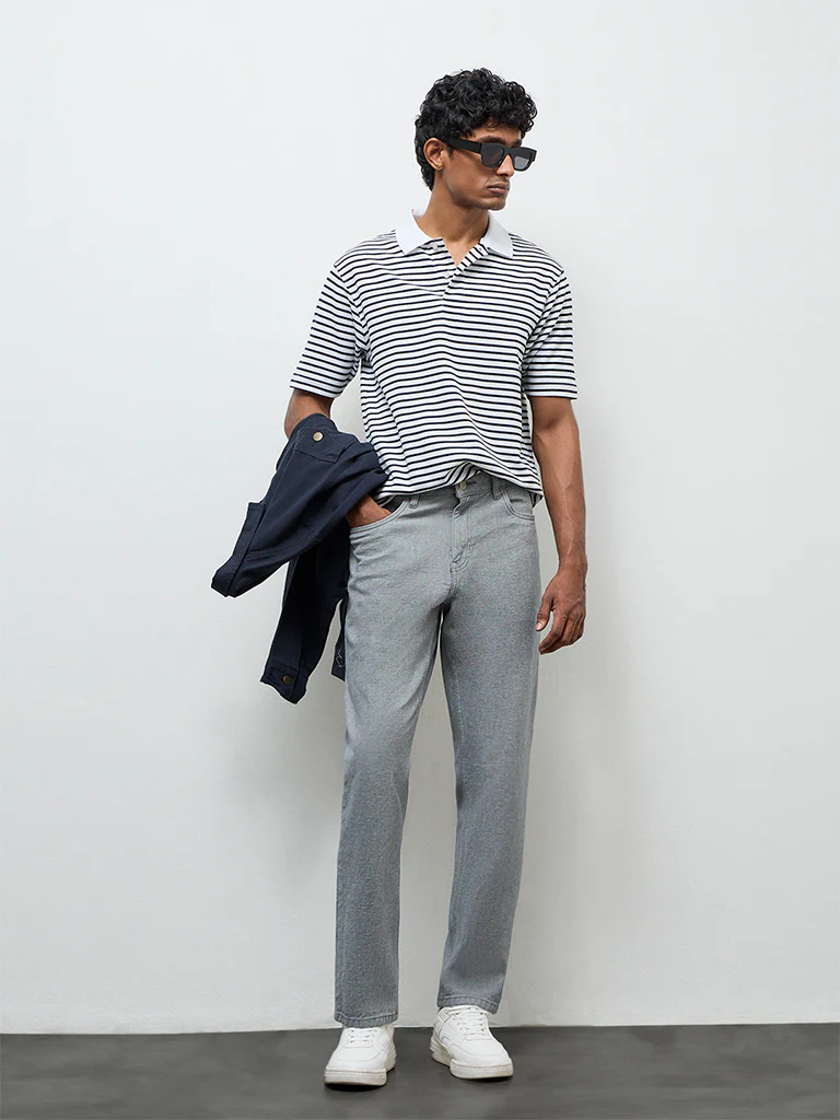 WES Casuals Off-White Striped Relaxed-Fit Polo T-Shirt - Image 3