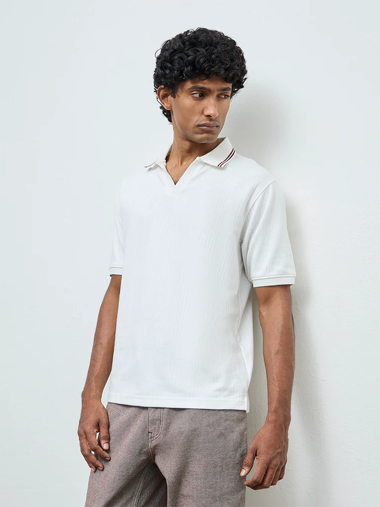 WES Casuals Off-White Textured Relaxed-Fit Cotton-Blend Polo T-Shirt
