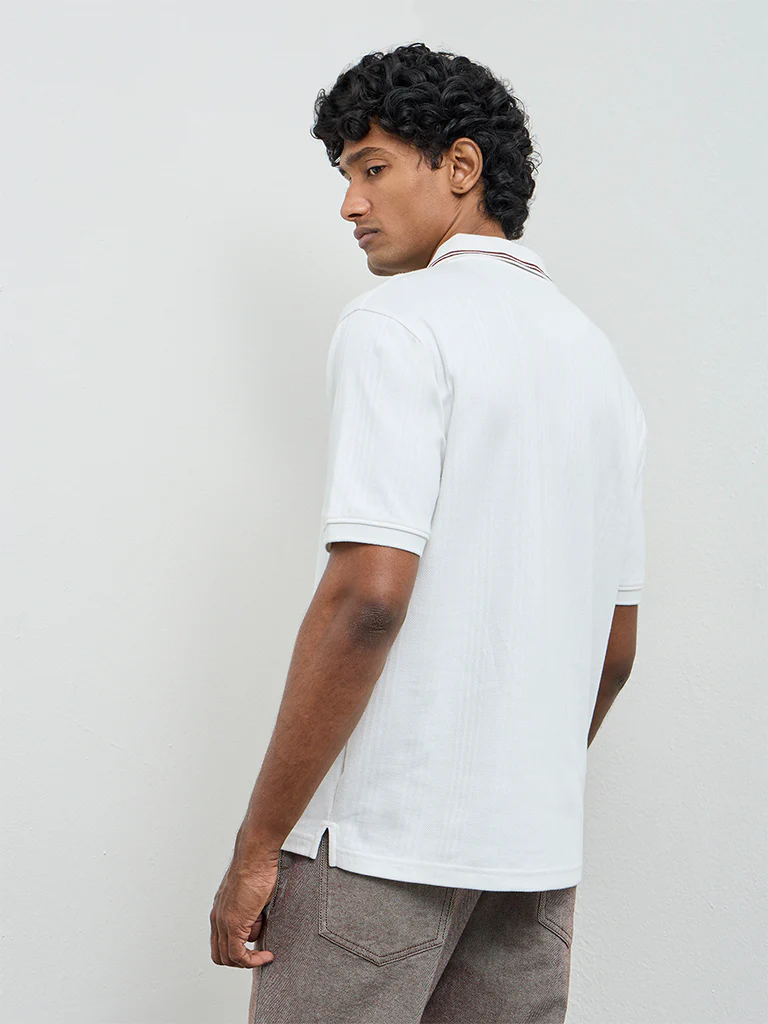 WES Casuals Off-White Textured Relaxed-Fit Cotton-Blend Polo T-Shirt - Image 5