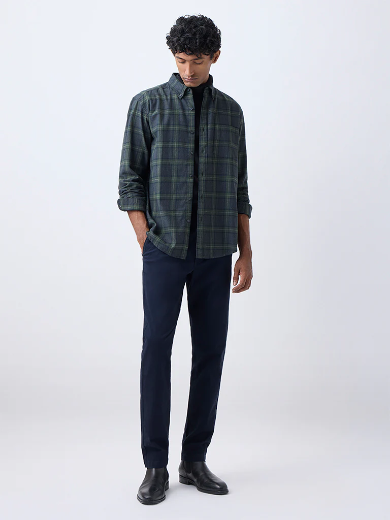 WES Casuals Olive Check Pattern Relaxed-Fit Cotton-Blend Shirt - Image 2
