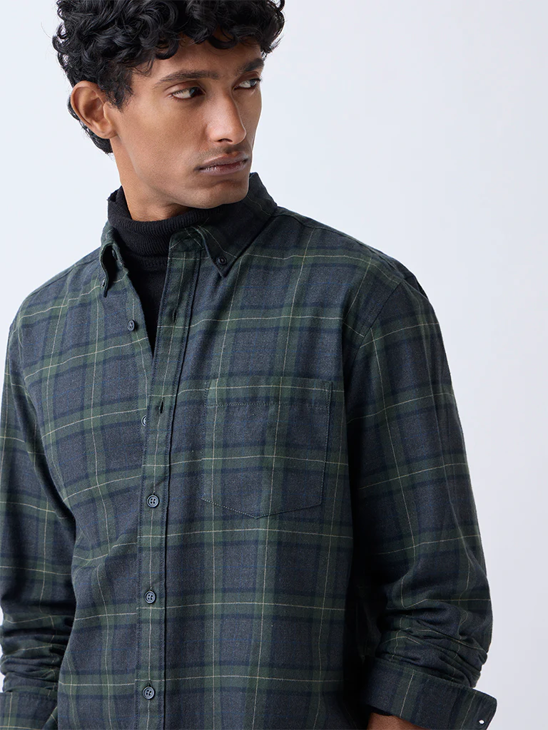 WES Casuals Olive Check Pattern Relaxed-Fit Cotton-Blend Shirt - Image 3