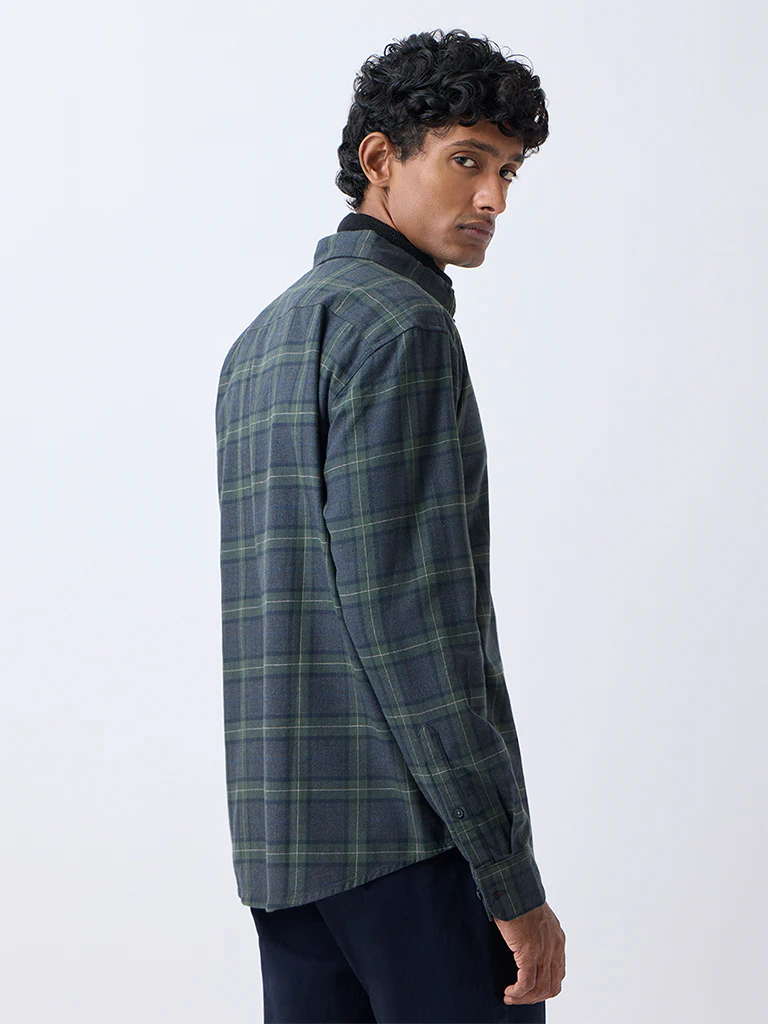 WES Casuals Olive Check Pattern Relaxed-Fit Cotton-Blend Shirt - Image 4