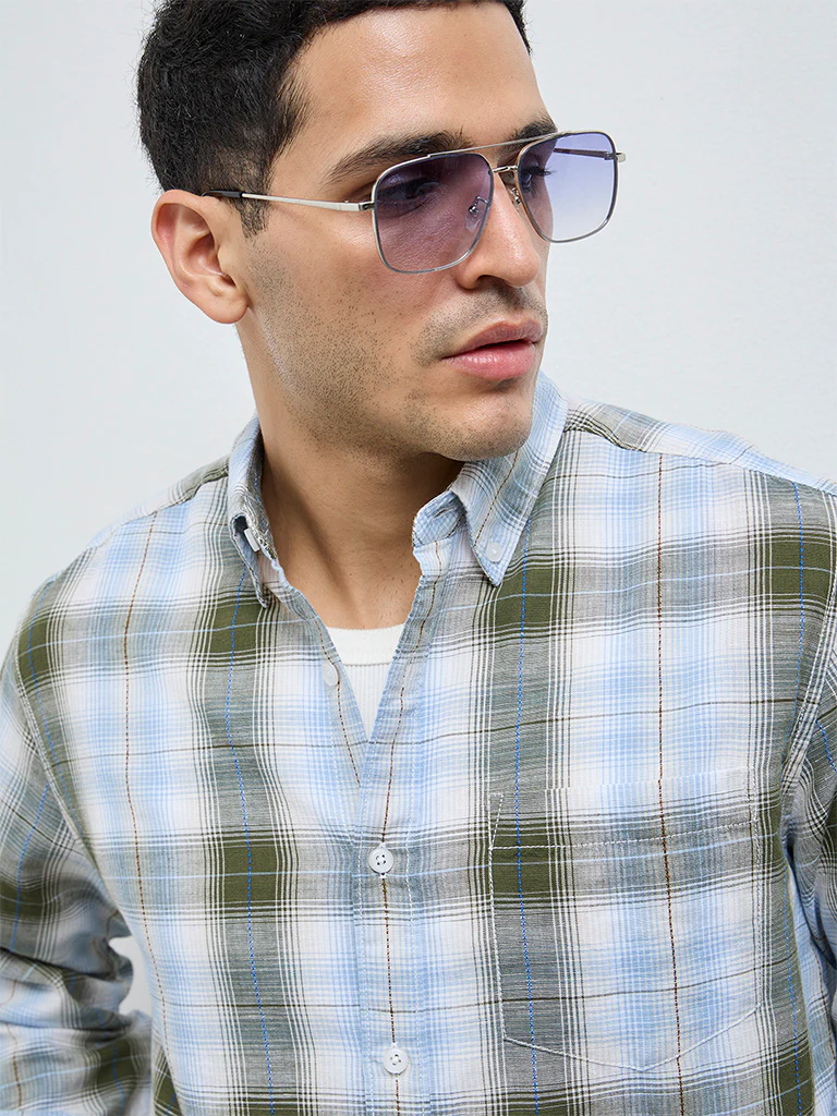 WES Casuals Olive Check Relaxed-Fit Cotton-Blend Shirt - Image 3