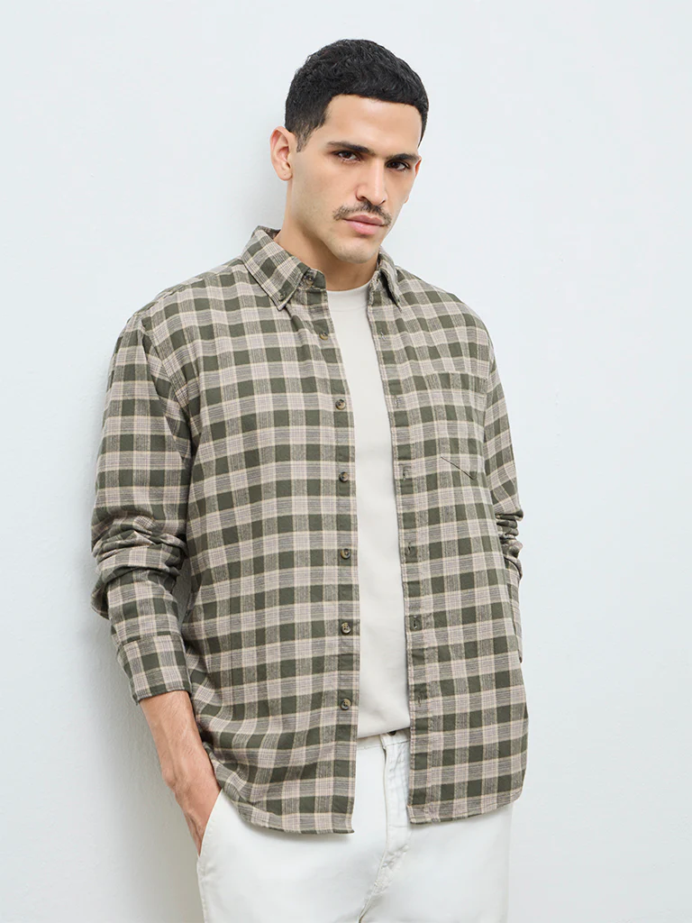 WES Casuals Olive Checkered Relaxed-Fit Cotton Shirt - Image 2