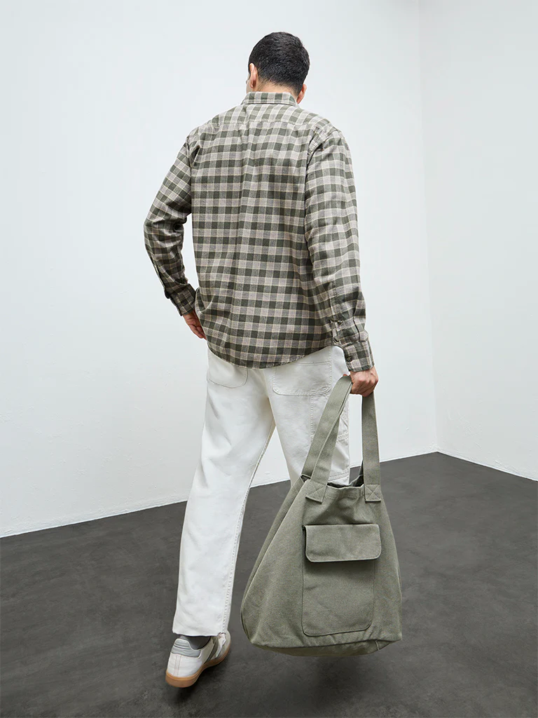 WES Casuals Olive Checkered Relaxed-Fit Cotton Shirt - Image 4