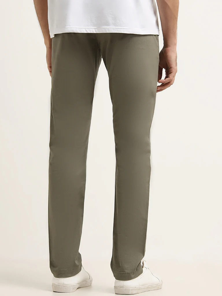 WES Casuals Olive Cotton-Blend Slim Fit Mid Rise Chinos - Image 5