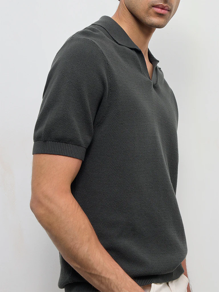 WES Casuals Olive Knit-Textured Relaxed-Fit Cotton T-Shirt - Image 3