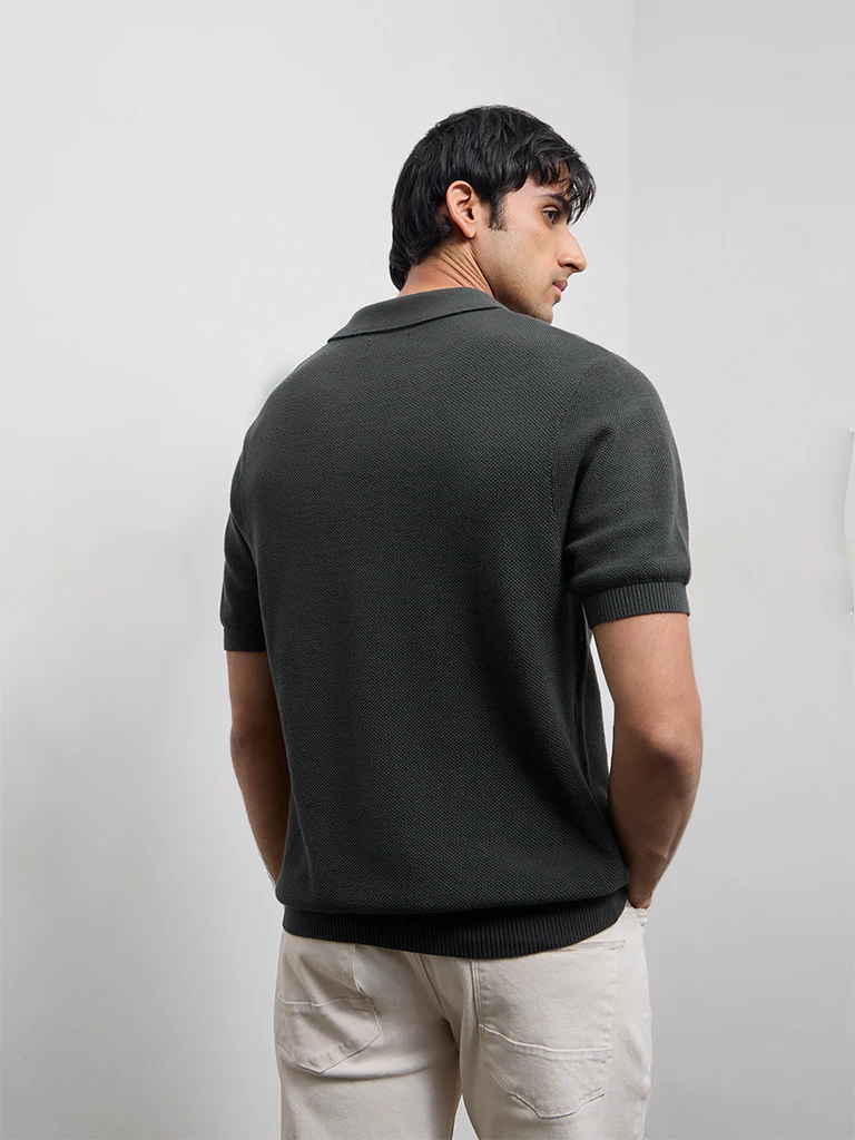 WES Casuals Olive Knit-Textured Relaxed-Fit Cotton T-Shirt - Image 4