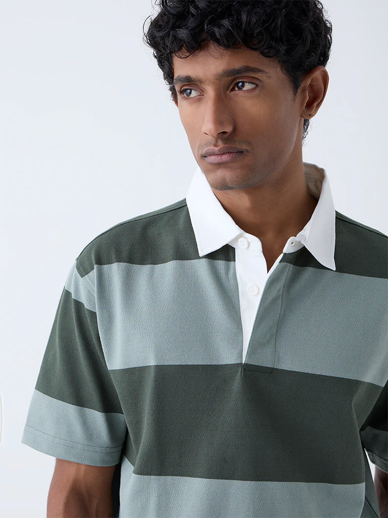 WES Casuals Olive Relaxed Fit Cotton-Blend Polo T-Shirt - Image 4