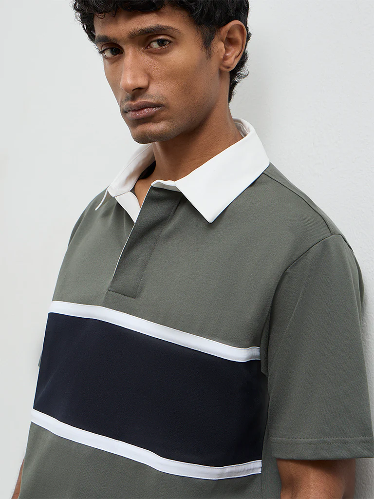 WES Casuals Olive Relaxed-Fit Cotton-Blend Polo T-Shirt - Image 4