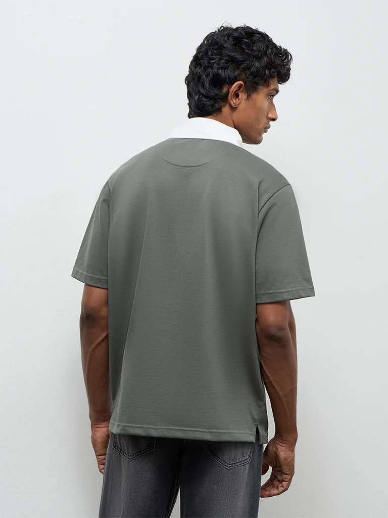WES Casuals Olive Relaxed-Fit Cotton-Blend Polo T-Shirt - Image 5