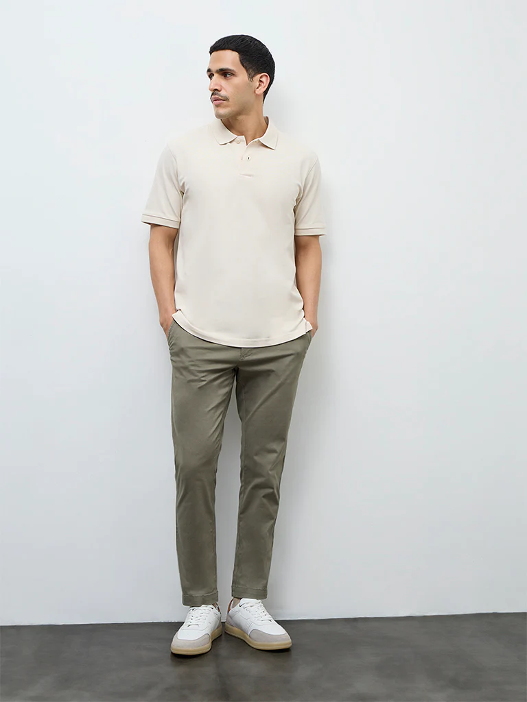 WES Casuals Olive Relaxed-Fit Mid-Rise Cotton-Blend Trousers