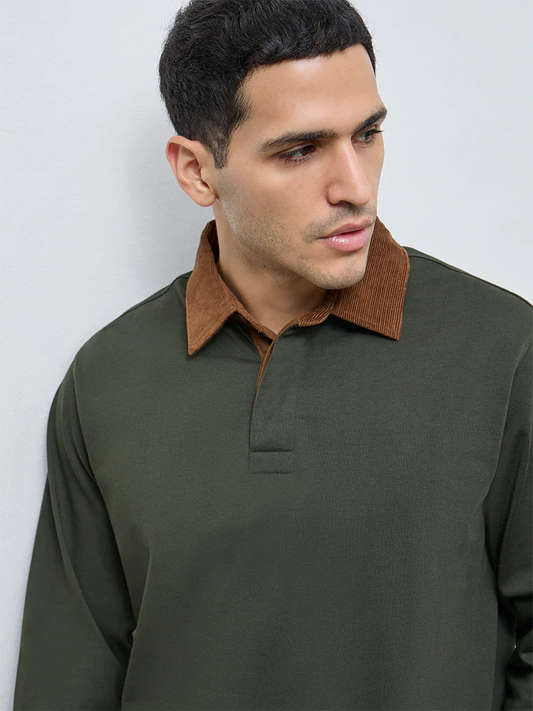 WES Casuals Olive Solid Relaxed-Fit Cotton Polo T-Shirt - Image 4