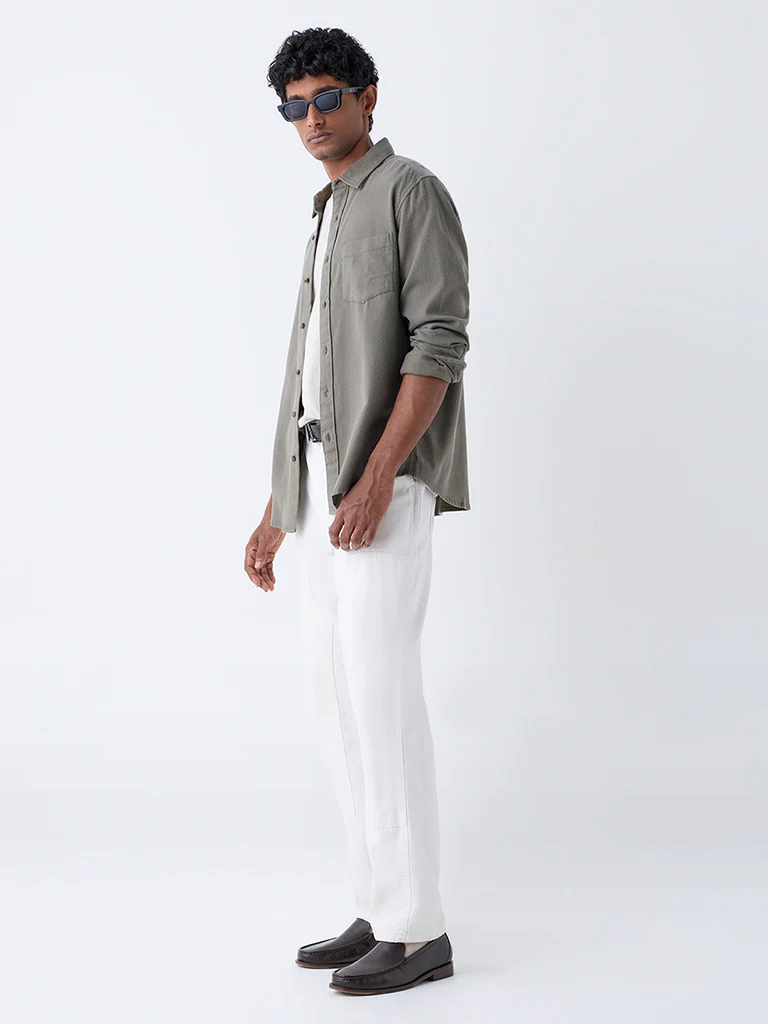 WES Casuals Olive Solid Relaxed-Fit Cotton Shirt