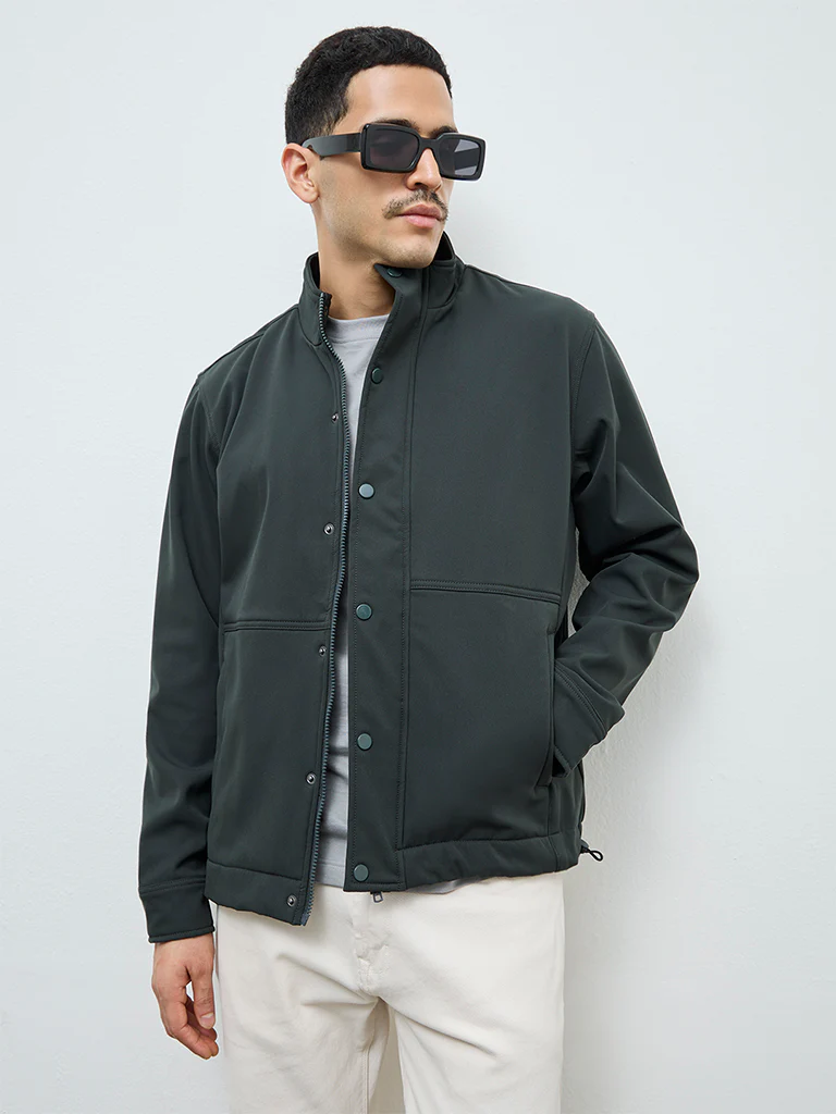 WES Casuals Olive Solid Relaxed Fit Jacket - Image 2