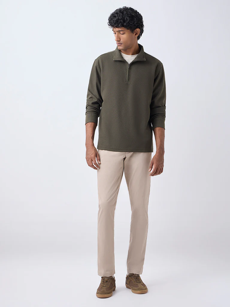 WES Casuals Olive Solid Relaxed-Fit Quarter-Zip Cotton-Blend Sweatshirt