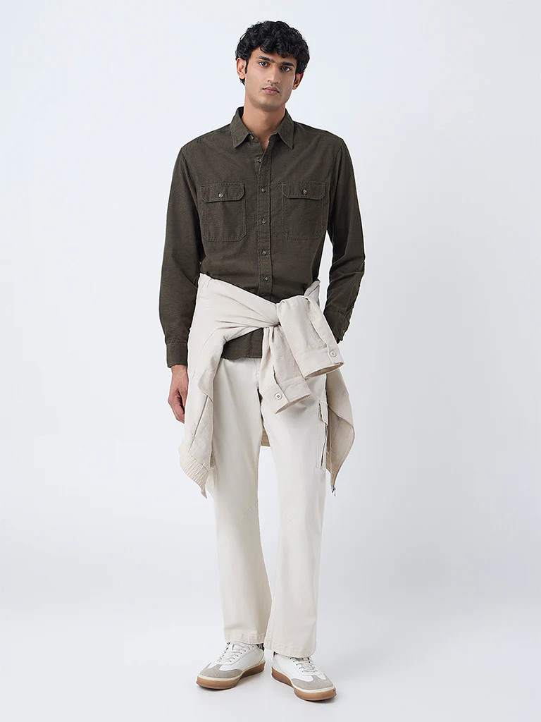 WES Casuals Olive Textured Relaxed-Fit Cotton Shirt