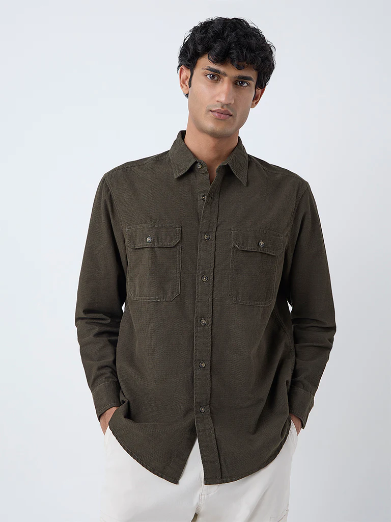 WES Casuals Olive Textured Relaxed-Fit Cotton Shirt - Image 3