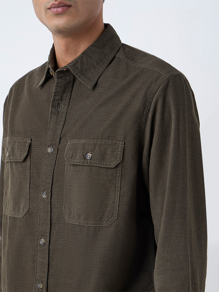 WES Casuals Olive Textured Relaxed-Fit Cotton Shirt - Image 4