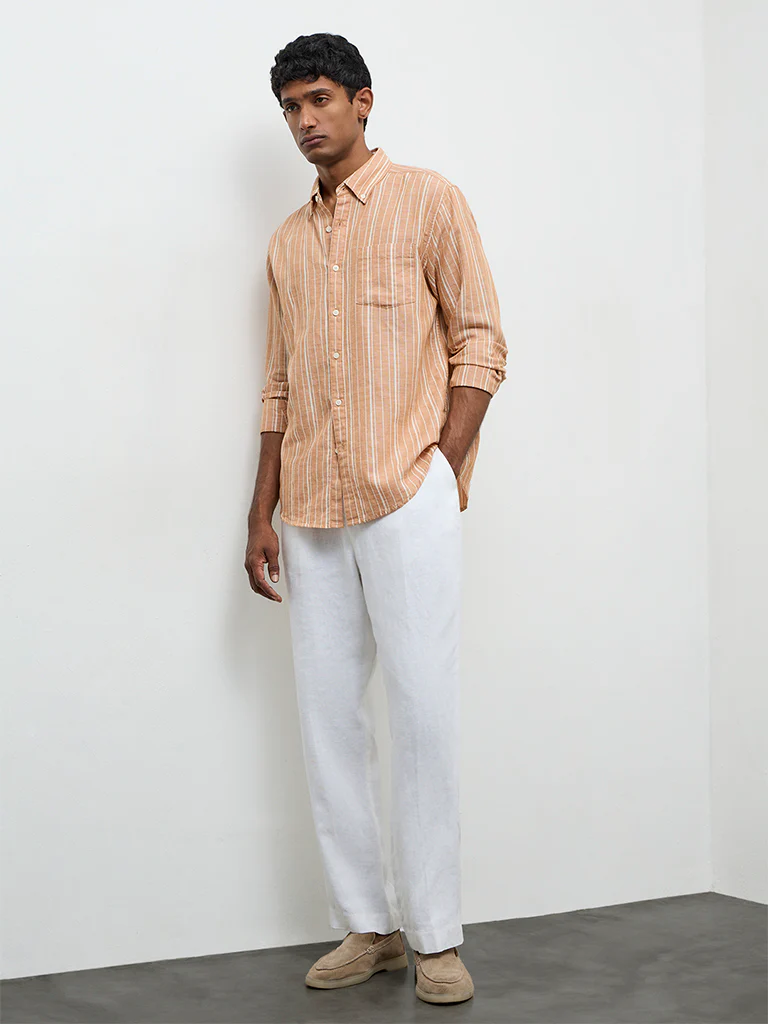 WES Casuals Peach Striped Relaxed-Fit Cotton-Blend Shirt - Image 2