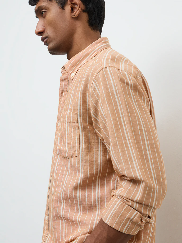 WES Casuals Peach Striped Relaxed-Fit Cotton-Blend Shirt - Image 3