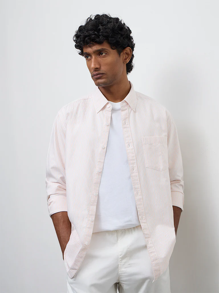 WES Casuals Peach Striped Relaxed-Fit Cotton Shirt