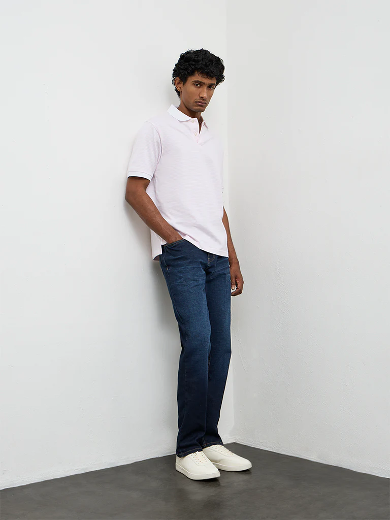 WES Casuals Pink Striped Relaxed-Fit Polo Cotton-Blend T-Shirt - Image 3