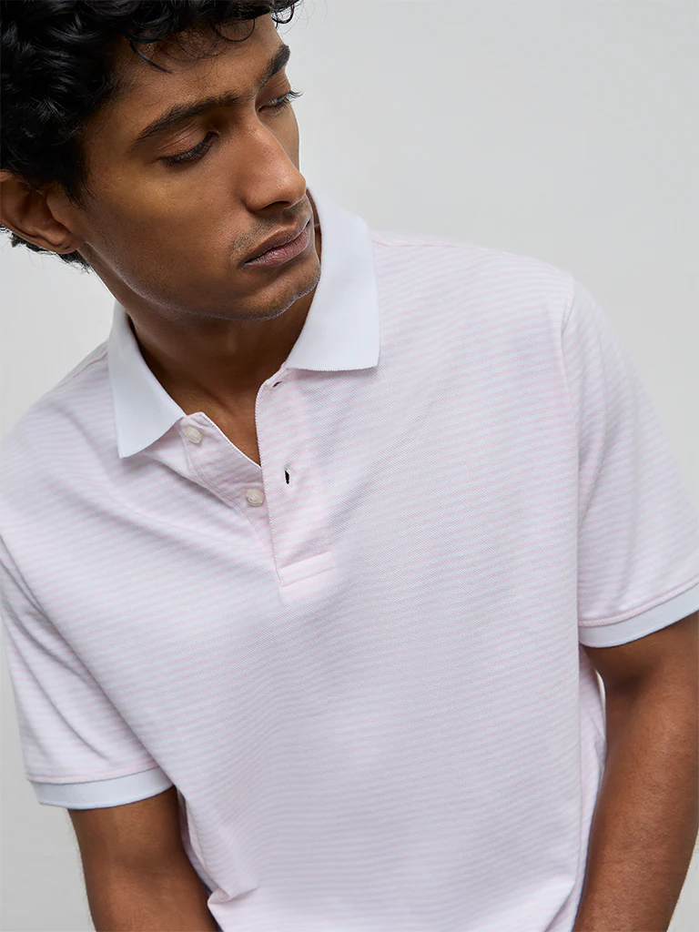 WES Casuals Pink Striped Relaxed-Fit Polo Cotton-Blend T-Shirt - Image 4