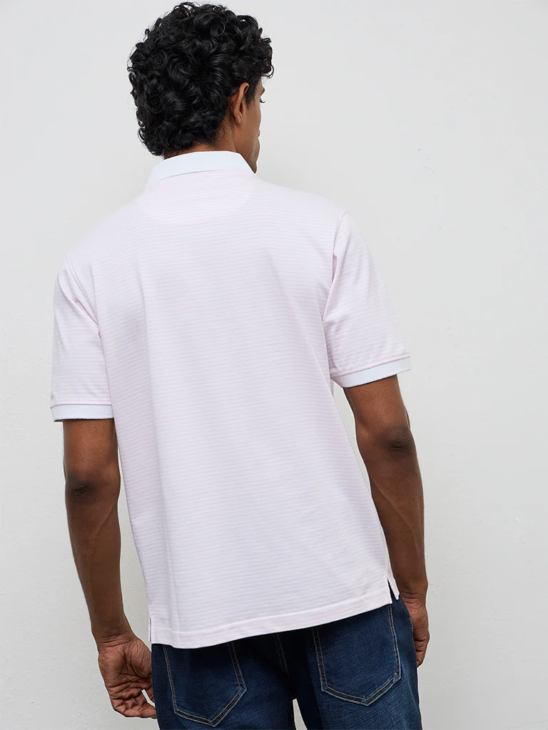 WES Casuals Pink Striped Relaxed-Fit Polo Cotton-Blend T-Shirt - Image 5