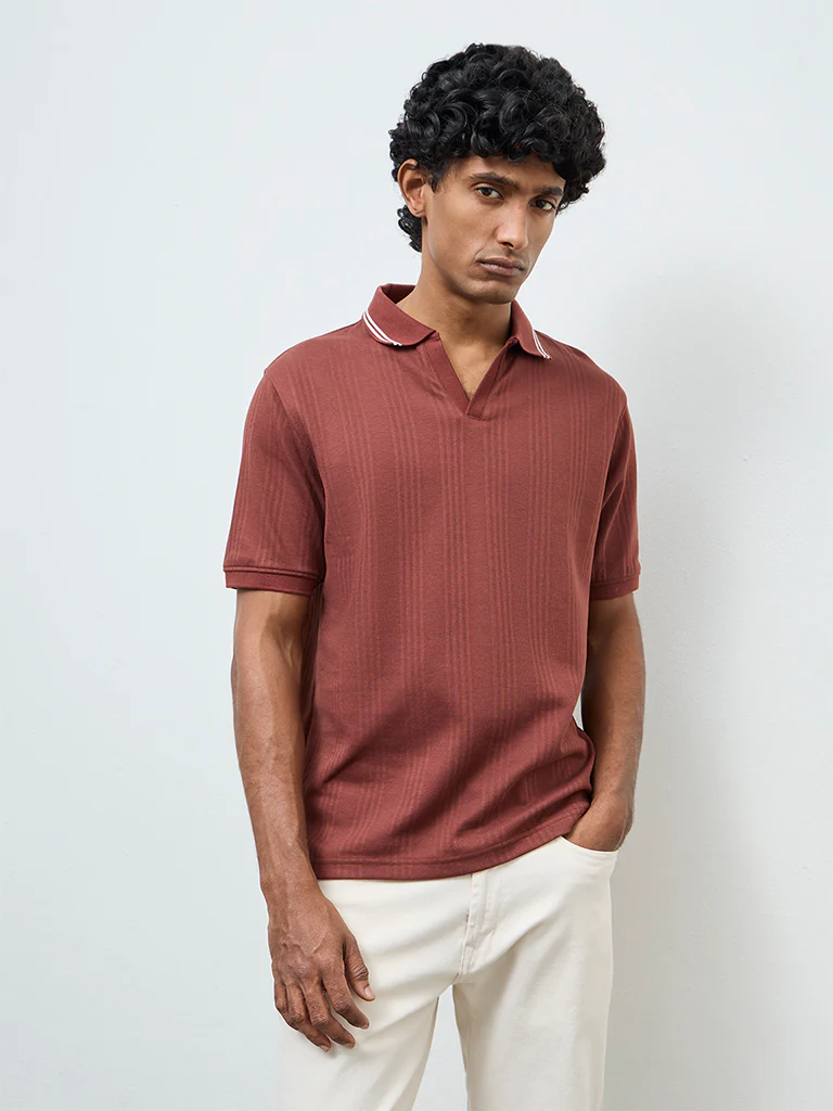 WES Casuals Rust Textured Relaxed-Fit Cotton-Blend Polo T-Shirt