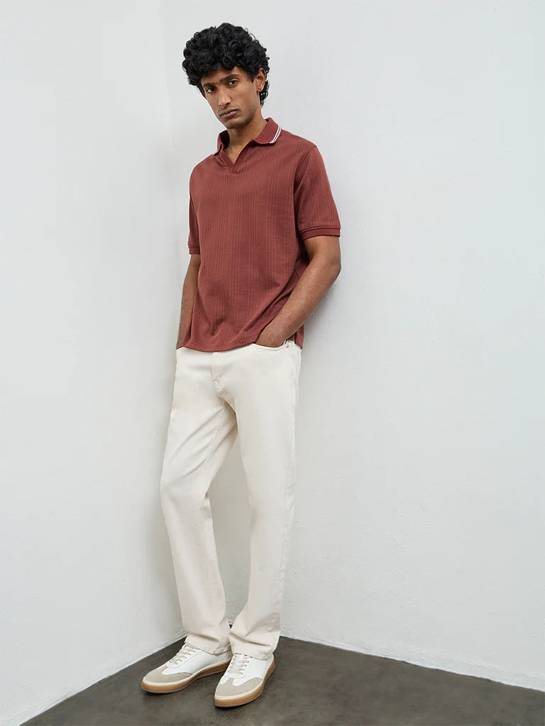 WES Casuals Rust Textured Relaxed-Fit Cotton-Blend Polo T-Shirt - Image 2
