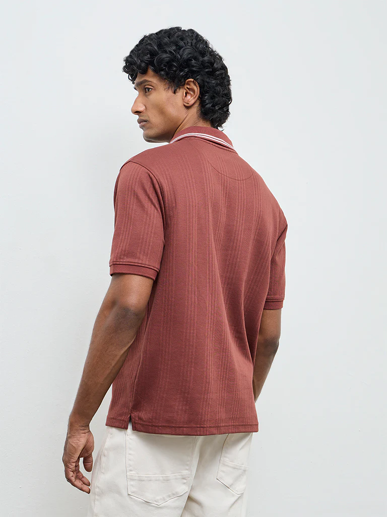 WES Casuals Rust Textured Relaxed-Fit Cotton-Blend Polo T-Shirt - Image 4