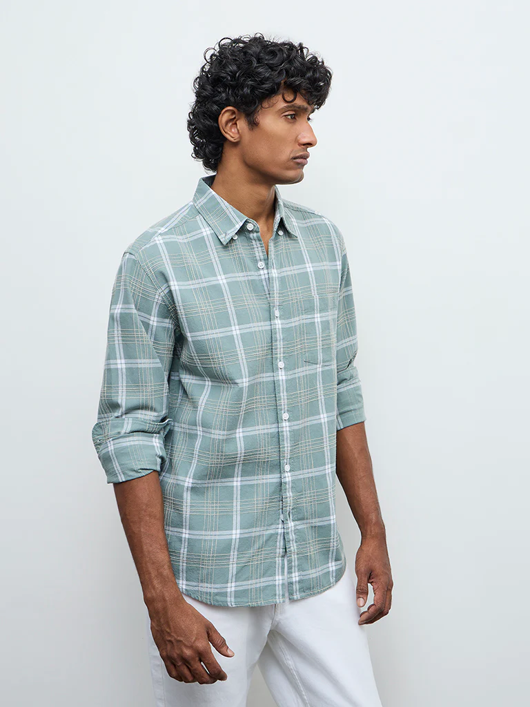 WES Casuals Sage Check Relaxed Fit Cotton Shirt - Image 2