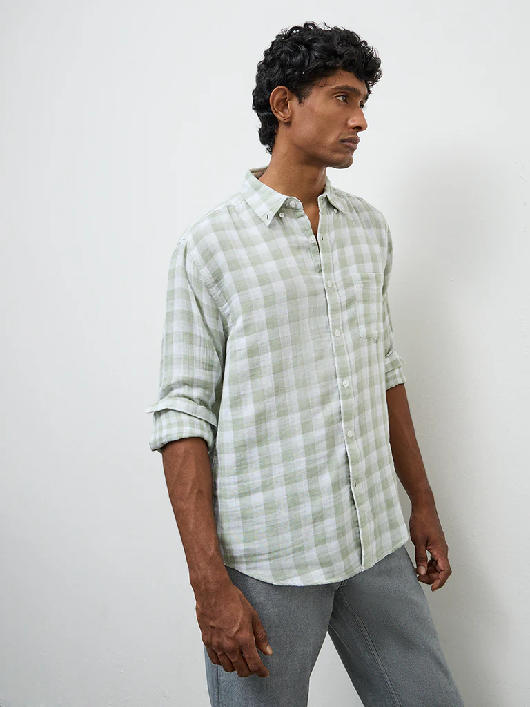 WES Casuals Sage Checks Printed Relaxed-Fit Cotton Shirt - Image 3
