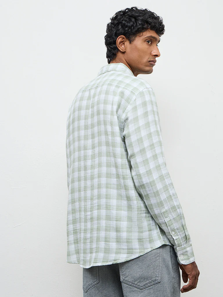 WES Casuals Sage Checks Printed Relaxed-Fit Cotton Shirt - Image 5