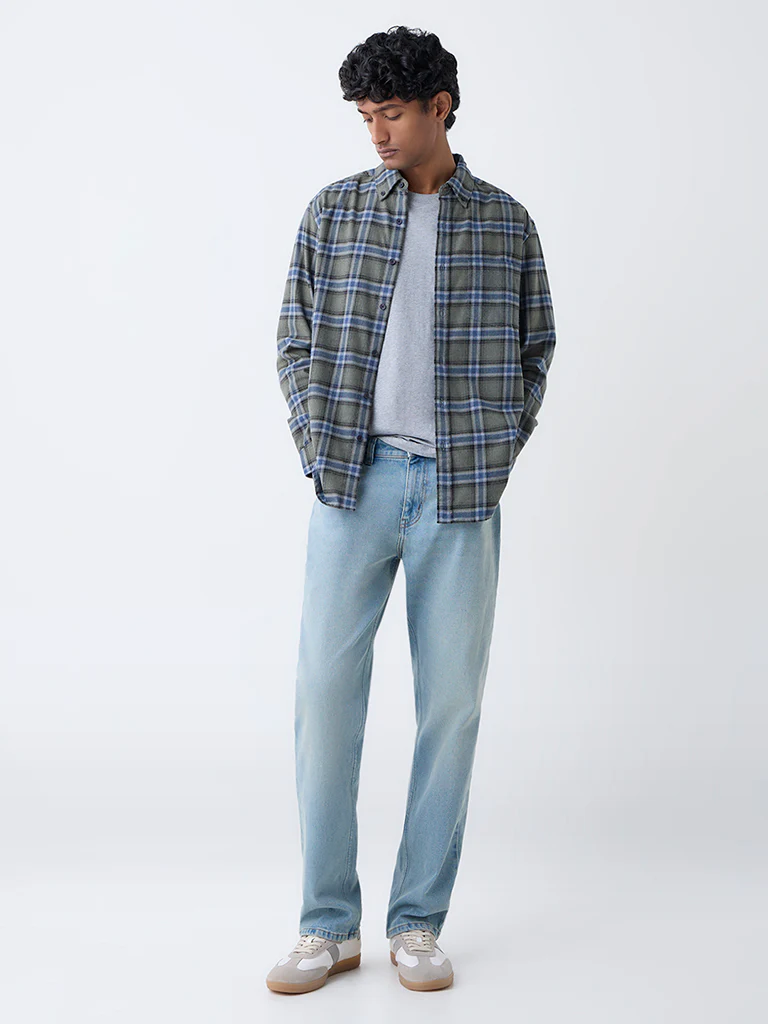 WES Casuals Sage Checks Relaxed-Fit Cotton-Blend Shirt - Image 2