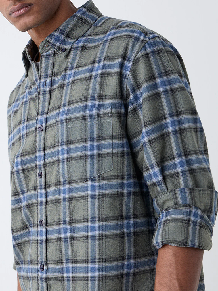 WES Casuals Sage Checks Relaxed-Fit Cotton-Blend Shirt - Image 3