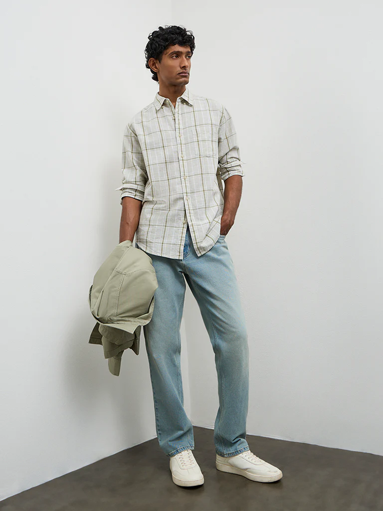 WES Casuals Sage Checks Relaxed-Fit Cotton-Blend Shirt - Image 2