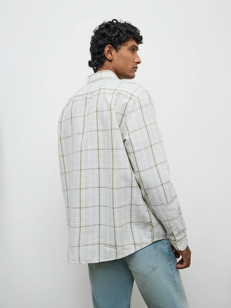 WES Casuals Sage Checks Relaxed-Fit Cotton-Blend Shirt - Image 4