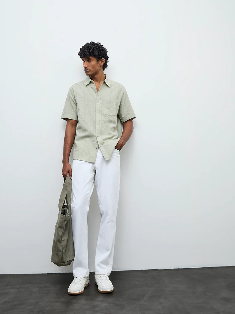 WES Casuals Sage Self-Textured Relaxed Fit Cotton Shirt